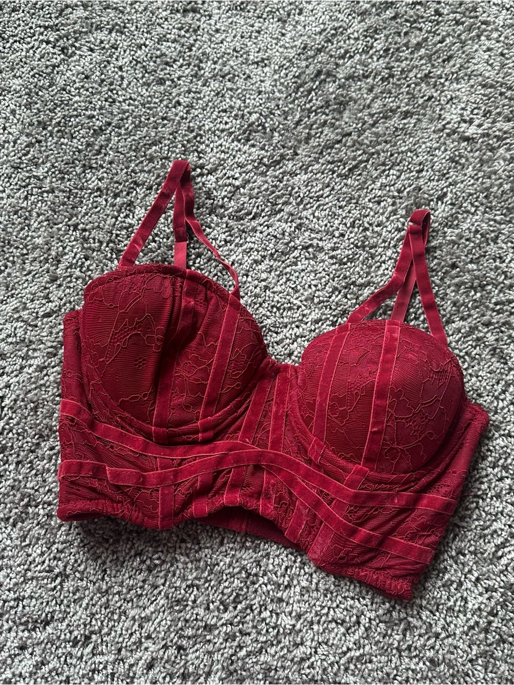 Lace Longline Velvet Bustier in Wine Red
